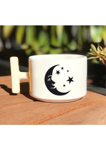 Ay ve Yıldızlar Baskılı Beyaz T Kulp Kupa Bardak