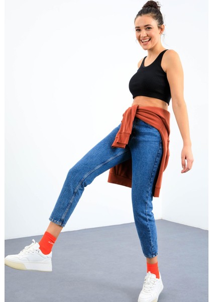 Lacivert Basic Sıfır Kol Dar Kalıp U Yaka Kadın Crop Top Atlet - 97160