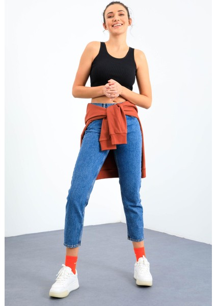 Lacivert Basic Sıfır Kol Dar Kalıp U Yaka Kadın Crop Top Atlet - 97160