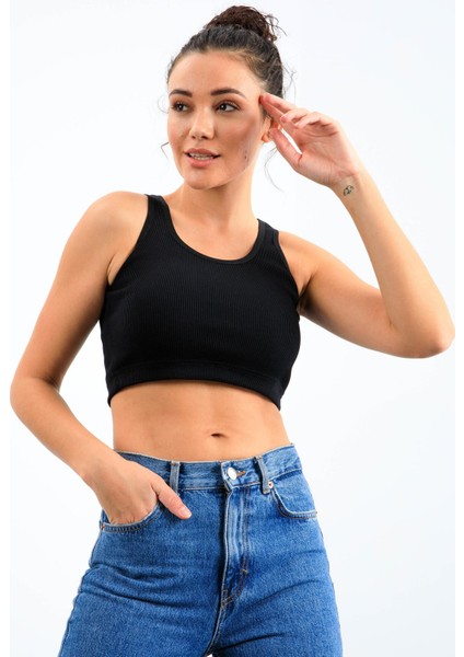Lacivert Basic Sıfır Kol Dar Kalıp U Yaka Kadın Crop Top Atlet - 97160