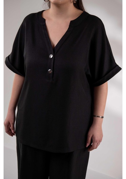 Kadın 3330373 Hakim Yaka Düğmeli Siyah Bluz fiyatları