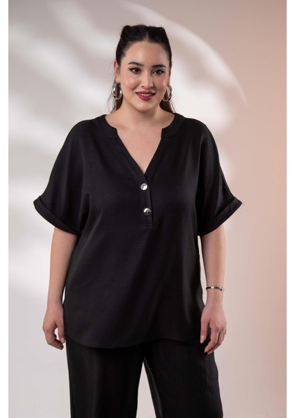 Kadın 3330373 Hakim Yaka Düğmeli Siyah Bluz modelleri