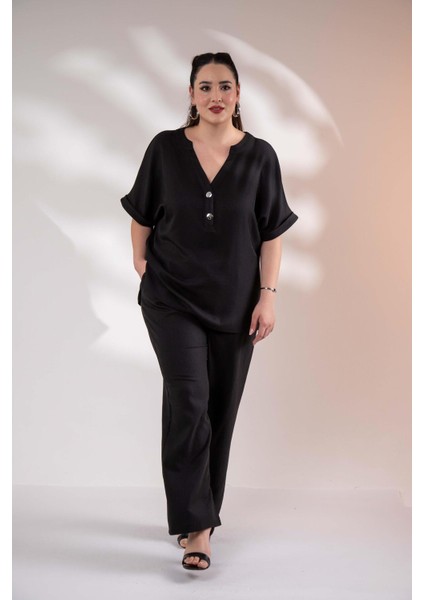 Kadın 3330373 Hakim Yaka Düğmeli Siyah Bluz fırsatları