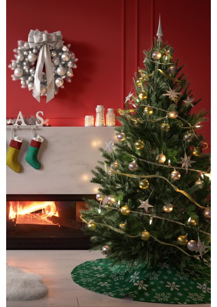 Yeşil Beyaz Kar Taneleri Desenli Yılbaşı Çam Ağacı Örtüsü