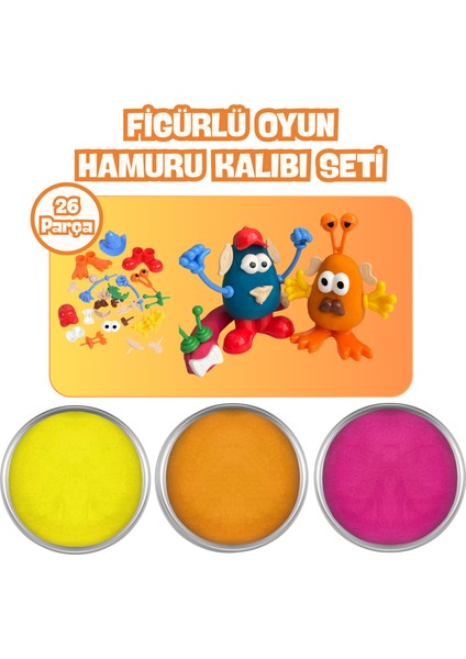 - Yaratıcı Figürlü Doğal Oyun Hamuru Kalıbı Seti - 3X150GR Doğal Oyun Hamuru -Sarı, Turuncu, Pembe