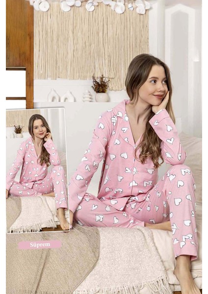 Kadın Kalp Desen Düğmeli Suprem Pijama Takımı 0392 PEMBE01