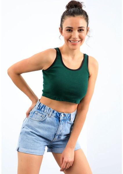 Yeşil Basic Sıfır Kol Dar Kalıp U Yaka Kadın Crop Top Atlet - 97162