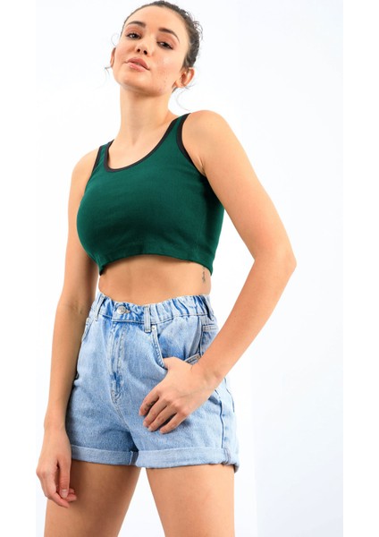 Yeşil Basic Sıfır Kol Dar Kalıp U Yaka Kadın Crop Top Atlet - 97162