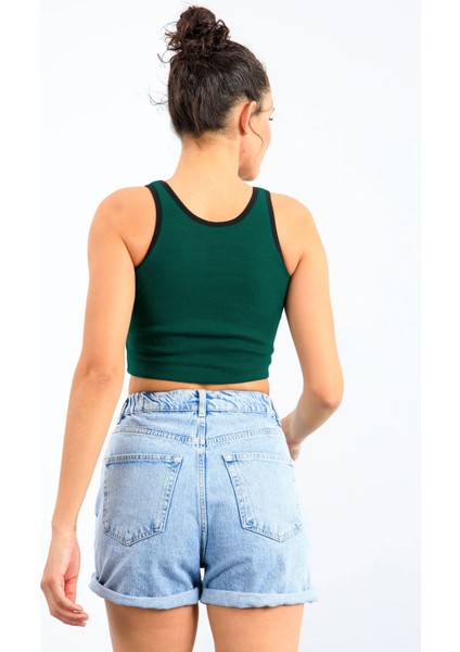 Yeşil Basic Sıfır Kol Dar Kalıp U Yaka Kadın Crop Top Atlet - 97162