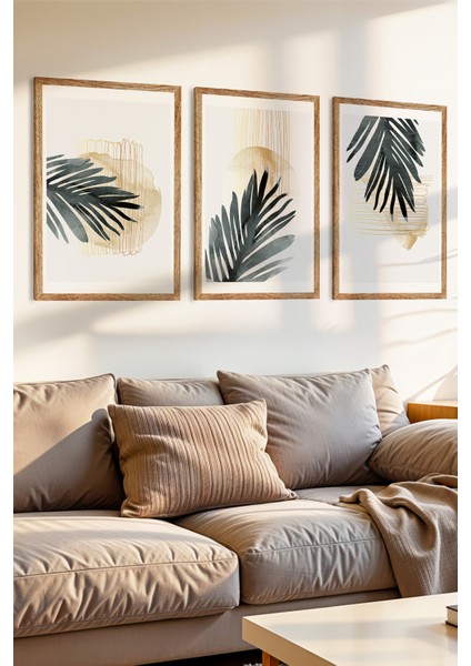 3 Parça Minimal Tropikal Temalı Ahşap Çerçeve Görünümlü Mdf Tablo Seti