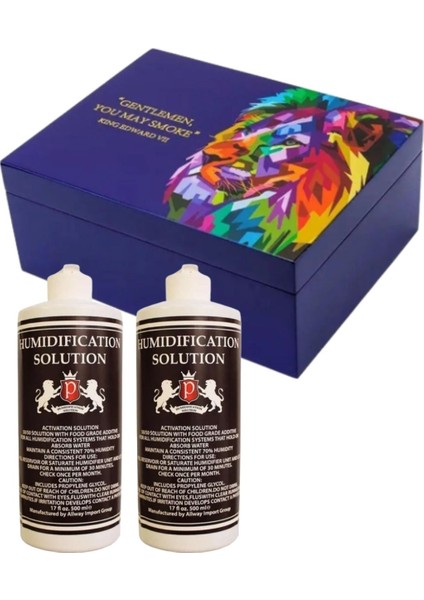 Lubinski Blue Lion 40’lık Humidor + 2 Adet T-Bek %70 Saf Su Nemlendirici Solüsyon Seti (500 Ml)