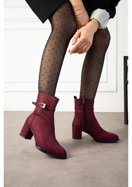 Kadın Bordo Süet Lucy Model Yandan Fermuarlı Sivri Burun Kısa Topuklu Bot fırsatları
