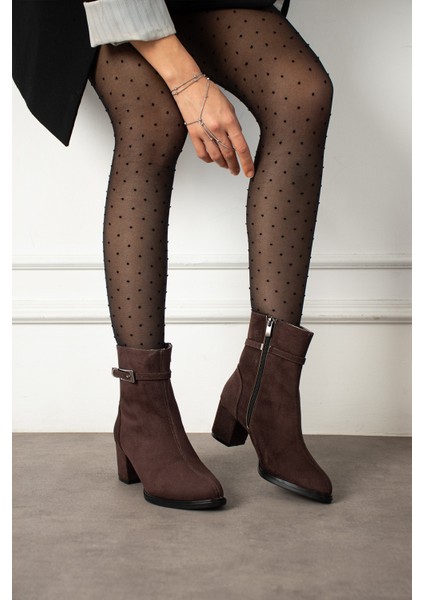 Kadın Kahve Süet Lucy Model Yandan Fermuarlı Sivri Burun Kısa Topuklu Bot modelleri