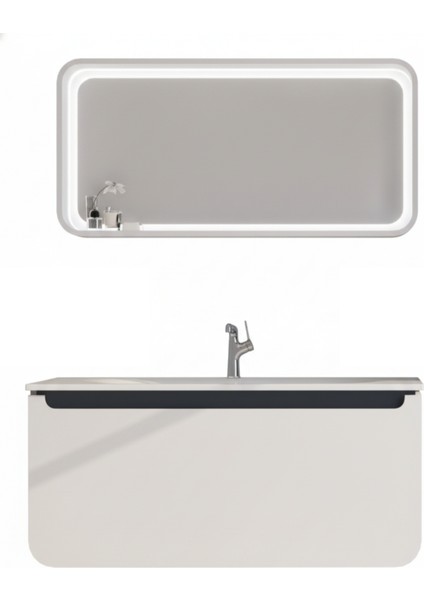 Pion 120 cm Lavabo Dolabı Beyaz Siyah ve LED Ayna