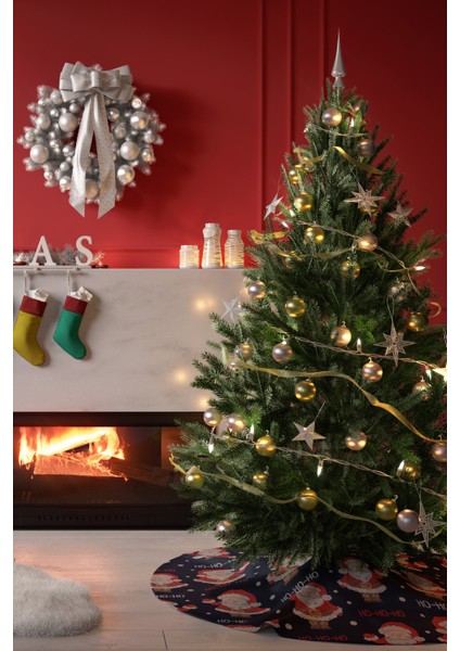Noel Temalı Noel Baba Desenli Ho Ho Yazılı Yılbaşı Çam Ağacı Örtüsü