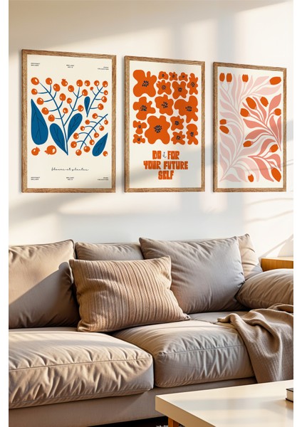 3 Parça Modren ve Retro Grafik Çiçek Konsepli Ahşap Çerçeve Görünümlü Mdf Tablo Seti