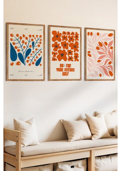 3 Parça Modren ve Retro Grafik Çiçek Konsepli Ahşap Çerçeve Görünümlü Mdf Tablo Seti fiyatları