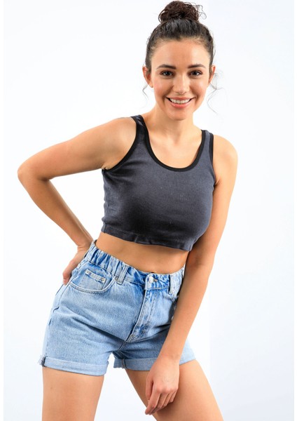 Lacivert Melanj Basic Sıfır Kol Dar Kalıp U Yaka Kadın Crop Top Atlet - 97162
