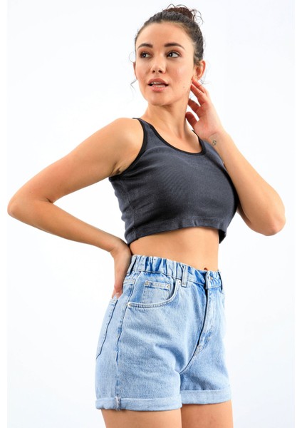 Lacivert Melanj Basic Sıfır Kol Dar Kalıp U Yaka Kadın Crop Top Atlet - 97162