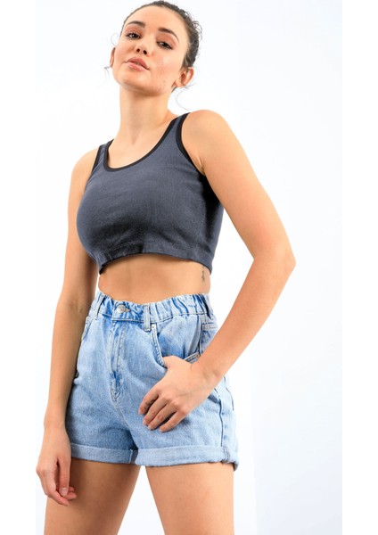 Lacivert Melanj Basic Sıfır Kol Dar Kalıp U Yaka Kadın Crop Top Atlet - 97162