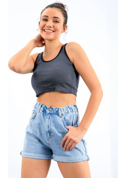 Lacivert Melanj Basic Sıfır Kol Dar Kalıp U Yaka Kadın Crop Top Atlet - 97162