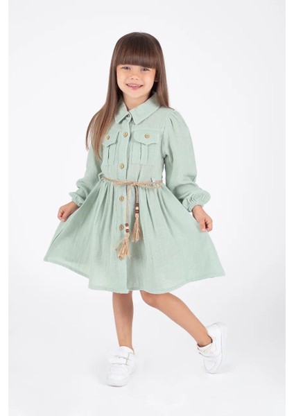 Kız Çocuk Gömlek Yaka Kemerli Elbise