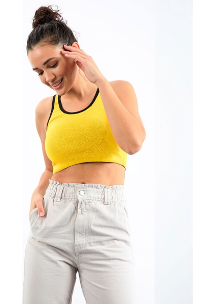 Sarı Basic Sıfır Kol Dar Kalıp U Yaka Kadın Crop Top Atlet - 97162