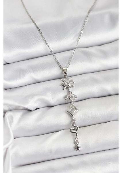 316L Çelik Zincir Gümüş Renk Güneş ve Enerji Model Kadın Y Kolye