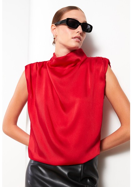 Yeni Sezon Dik Yaka Düz Saten Kadın Bluz