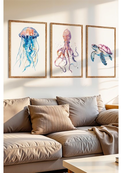 3 Parça Deniz Canlıların Renkli Dansı Ahşap Çerçeve Görünümlü Mdf Tablo Seti