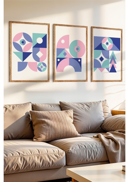 3 Parça Canlı ve Geometrik Tarz Konsepli Ahşap Çerçeve Görünümlü Mdf Tablo Seti
