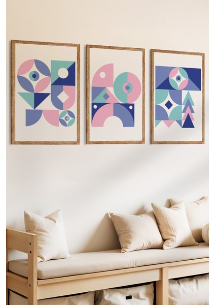 3 Parça Canlı ve Geometrik Tarz Konsepli Ahşap Çerçeve Görünümlü Mdf Tablo Seti fiyatları
