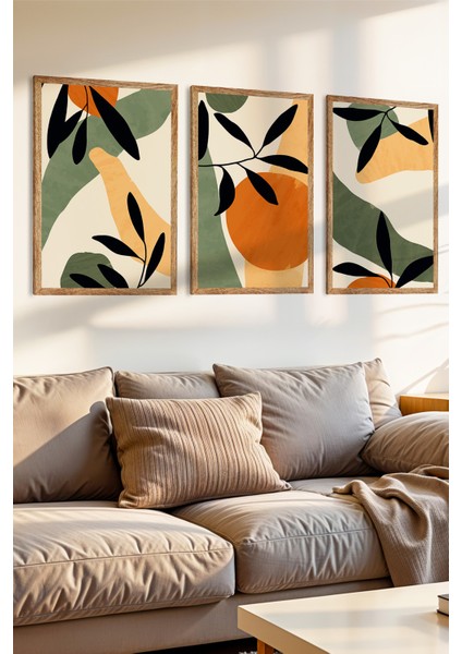 3 Parça Doğal ve Akdeniz Esinti Konsepli Ahşap Çerçeve Görünümlü Mdf Tablo Seti