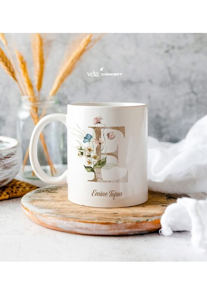 Kişiye Özel E Harfli Isimli Beyaz Kupa Bardak - Sevgiliye Hediye, Arkadaşa