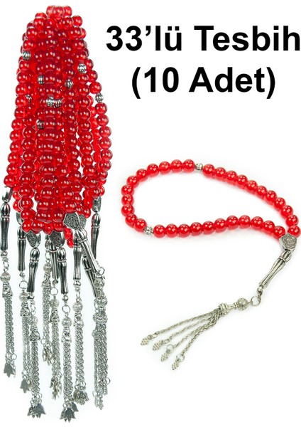 10 Adet 33LÜ Hac Umre Hediyelik Tesbih - Kırmızı