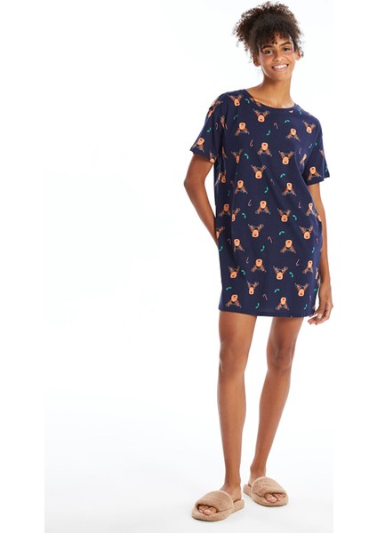 Yeni Sezon Bisiklet Yaka Yılbaşı Temalı Kadın Gecelik fiyatları