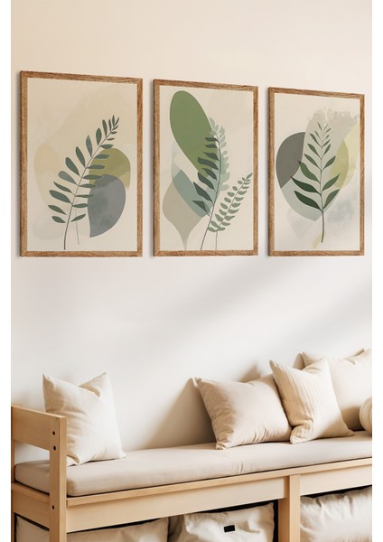 3 Parça Yeşil Yarpak Temalı Ahşap Çerçeve Görünümlü Mdf Tablo Seti fiyatları