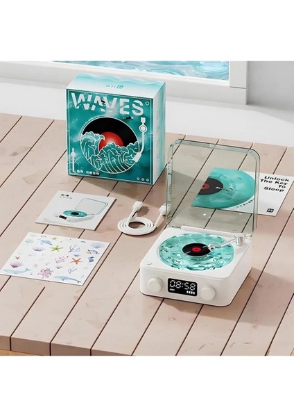 Waves Nostalji Plak Görünümlü Bluetooth Hoparlör 3D Ses Dalgası Retro Müzik Plak Mavi