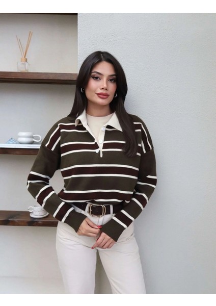 Çizgili Polo Yaka Oversize Triko Kazak