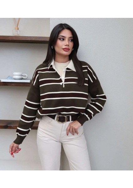 Çizgili Polo Yaka Oversize Triko Kazak fiyatları