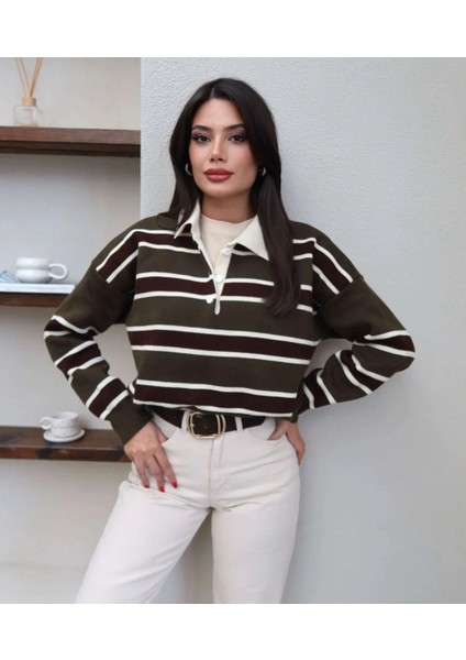 Çizgili Polo Yaka Oversize Triko Kazak modelleri