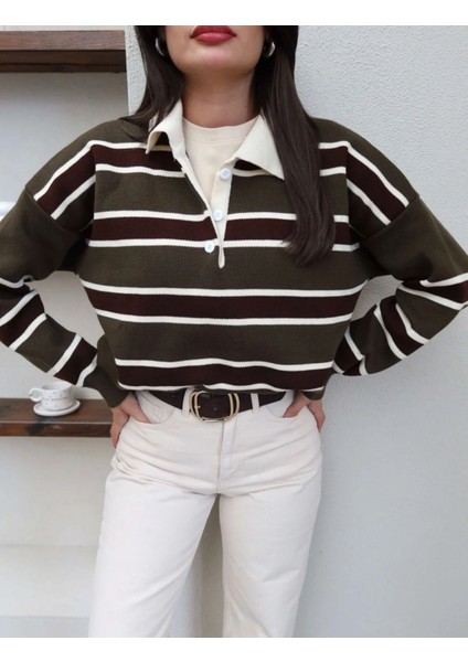 Çizgili Polo Yaka Oversize Triko Kazak fırsatları
