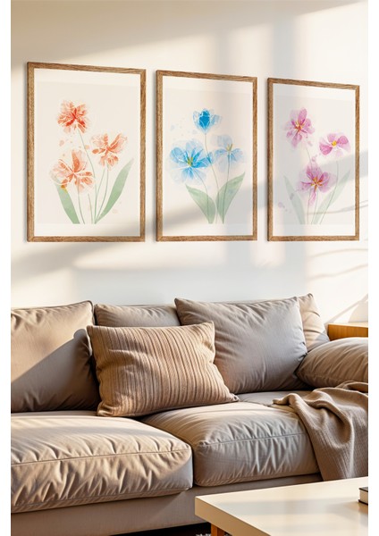 3 Parça Renkli Çiçekler ve Huzur Temalı Ahşap Çerçeve Görünümlü Mdf Tablo Seti