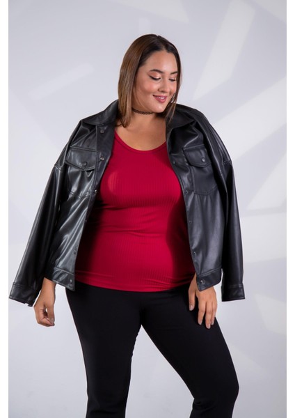 Kadın Büyük Beden Geniş Yaka Basıc Bluz Bordo Somon