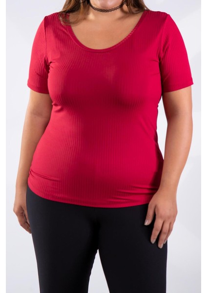 Kadın Büyük Beden Geniş Yaka Basıc Bluz Bordo Somon