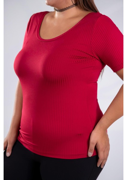 Kadın Büyük Beden Geniş Yaka Basıc Bluz Bordo Somon