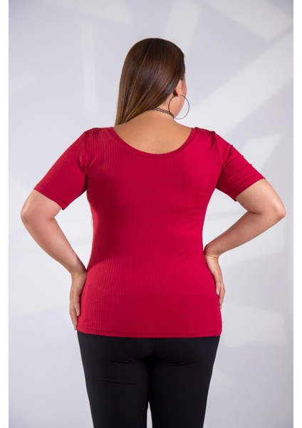 Kadın Büyük Beden Geniş Yaka Basıc Bluz Bordo Somon