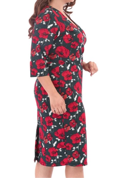 Kadın Büyük Beden Çiçek Desenli V Yaka Kırmızı Elbise fiyatları