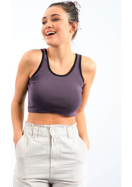 Açık Mor Basic Sıfır Kol Dar Kalıp U Yaka Kadın Crop Top Atlet - 97162