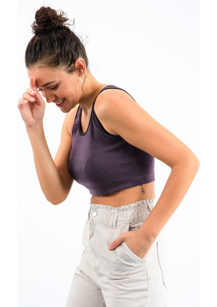 Açık Mor Basic Sıfır Kol Dar Kalıp U Yaka Kadın Crop Top Atlet - 97162